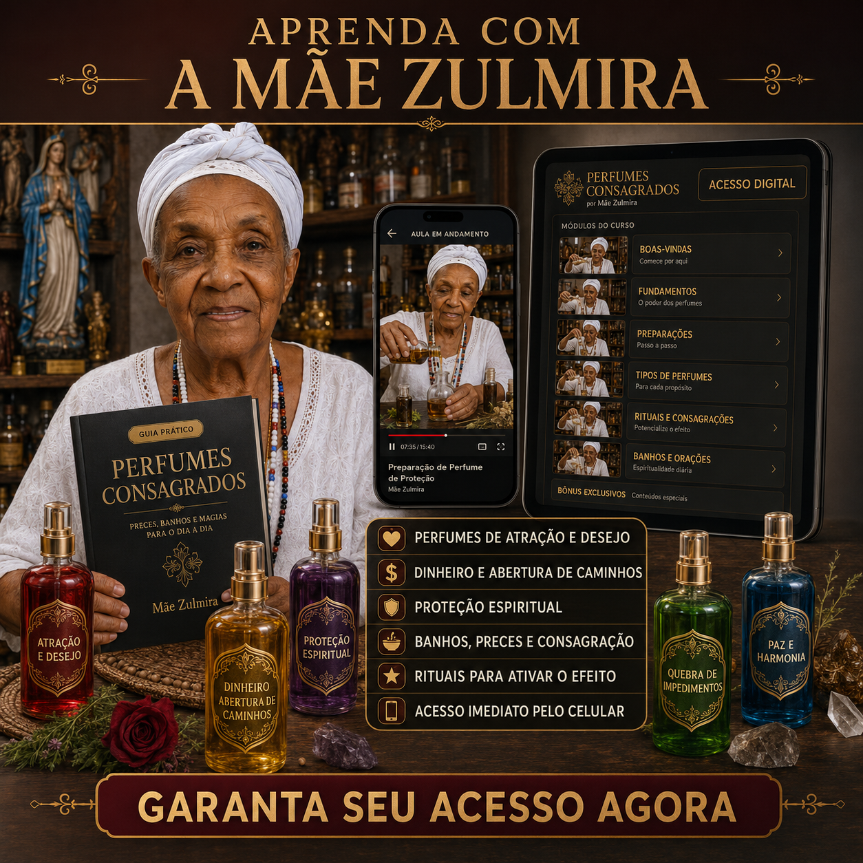 Oferta visual do curso Perfumes Consagrados com Mãe Zulmira, livro, perfumes e acesso digital